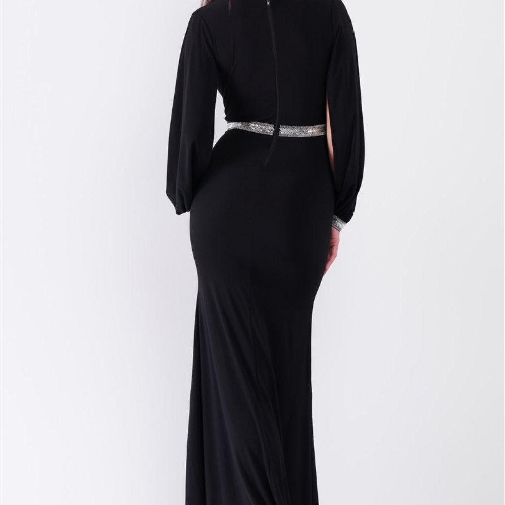Rhinestone Maxi Dress Deep Plunged VNeck Slit Slev - Picture 4 of 13